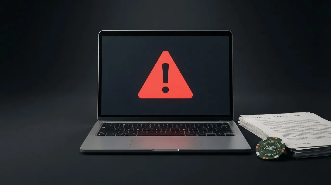 A red triangular warning sign icon on a laptop screen next to a stack of legal papers, symbolising an official caution rather than any specific website.