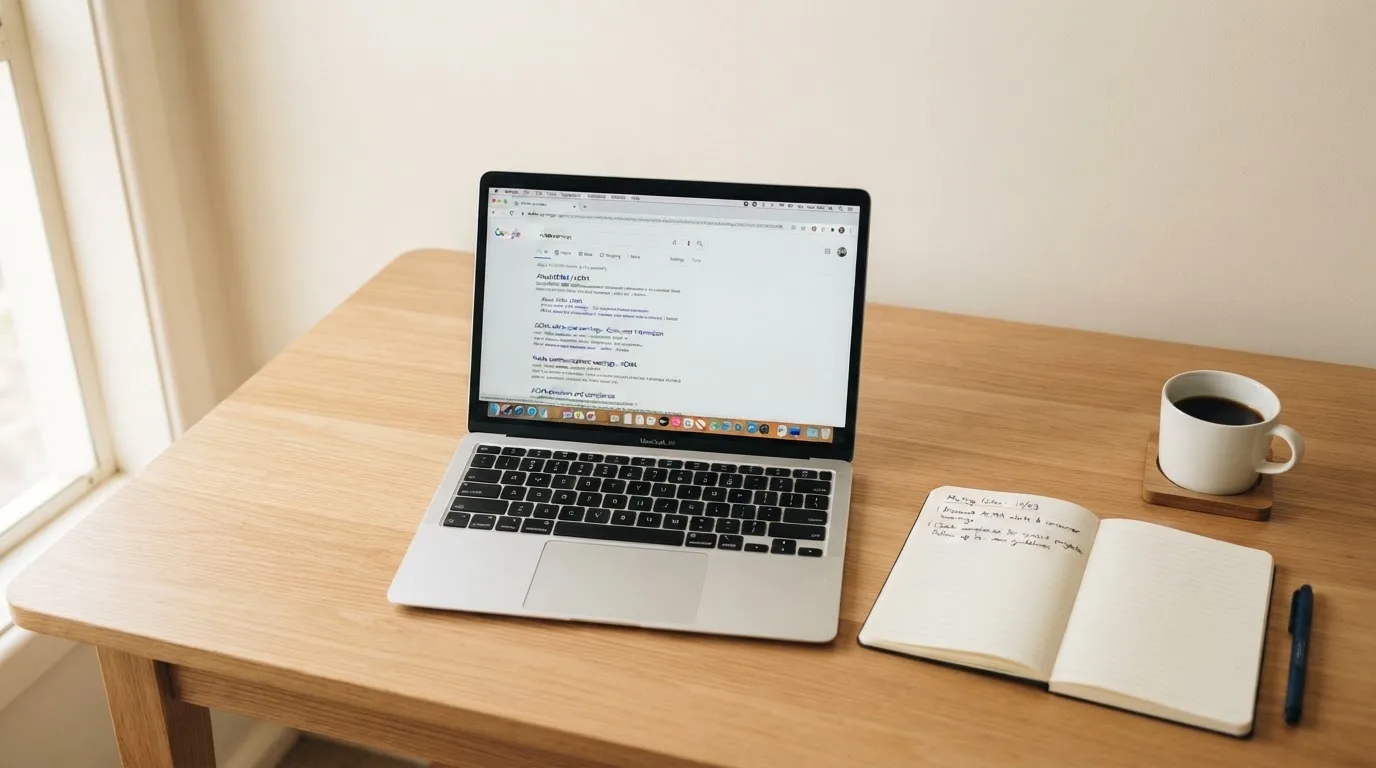 A tidy desk with a laptop open on a plain search-results page, a notebook and a coffee cup beside it, no screens showing any casino branding.