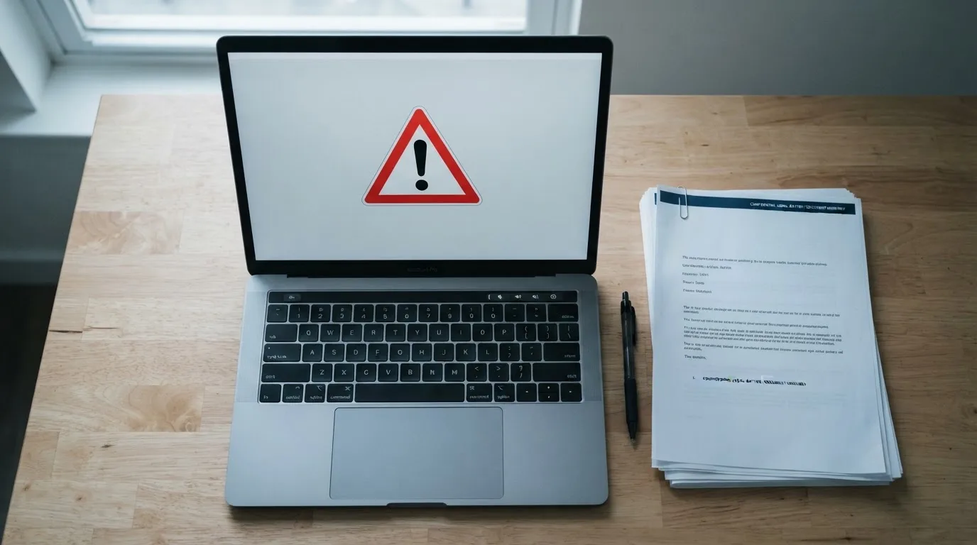 A red triangular warning sign icon on a laptop screen next to a stack of legal papers, symbolising an official caution rather than any specific website.