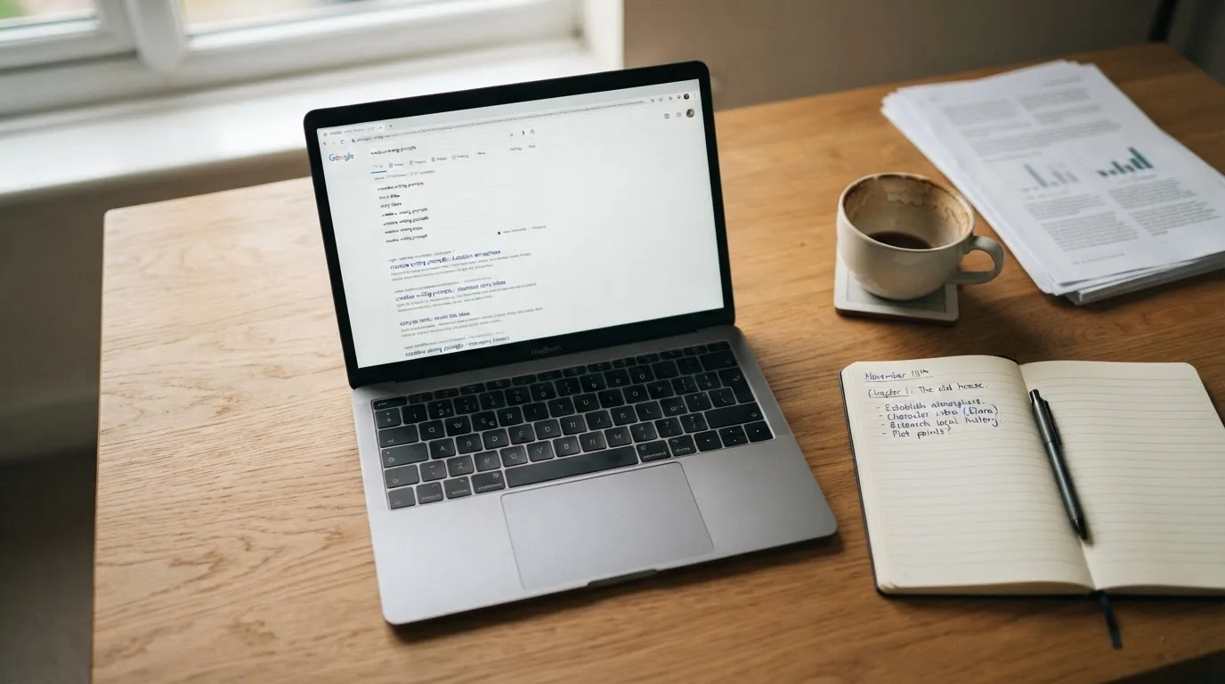 A tidy desk with a laptop open on a plain search-results page, a notebook and a coffee cup beside it, no screens showing any casino branding.