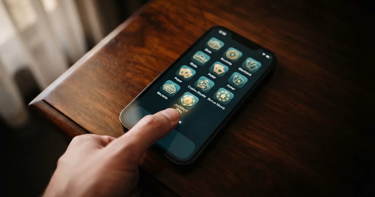 A hand tapping a smartphone screen showing generic app icons, none of them branded.