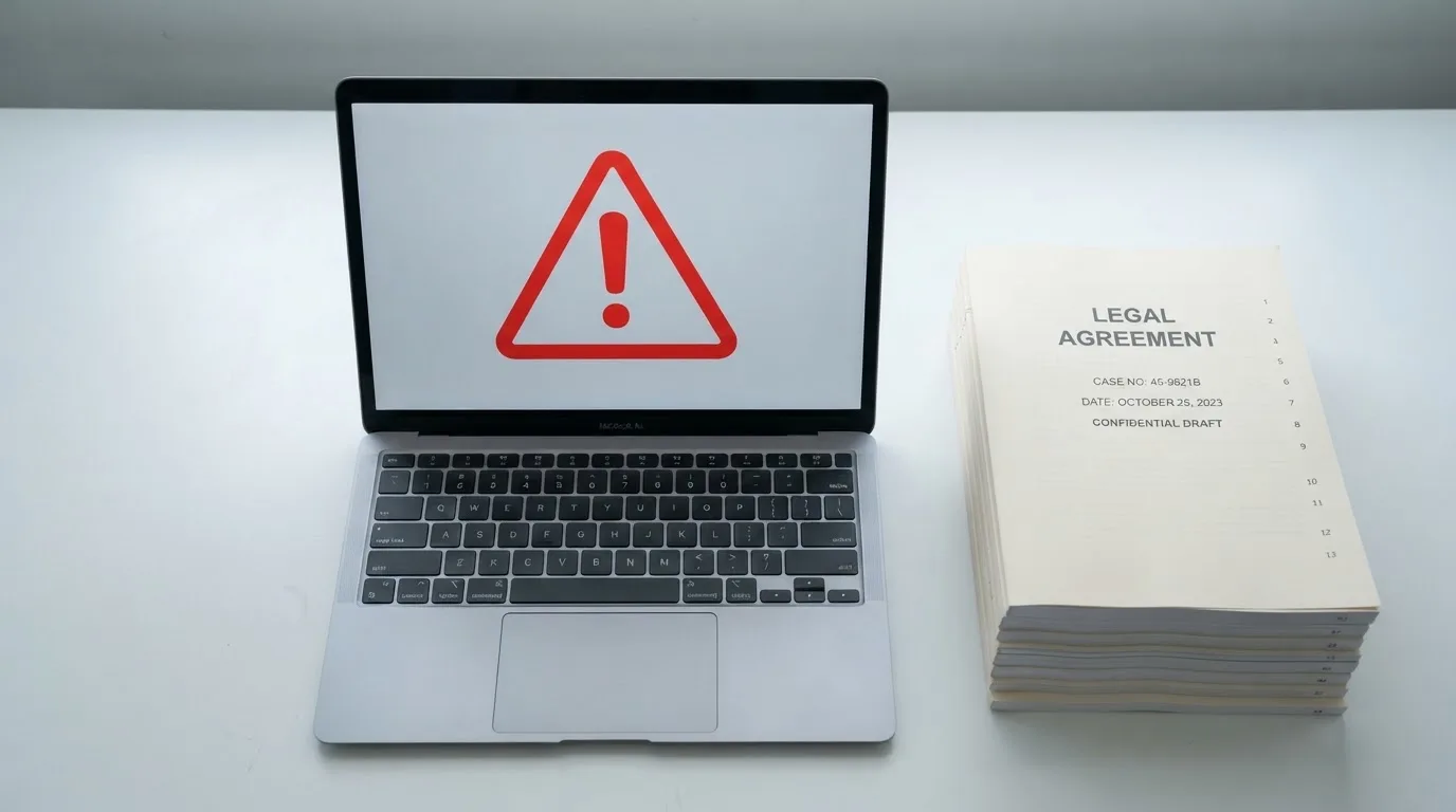 A red triangular warning sign icon on a laptop screen next to a stack of legal papers, symbolising an official caution rather than any specific website.