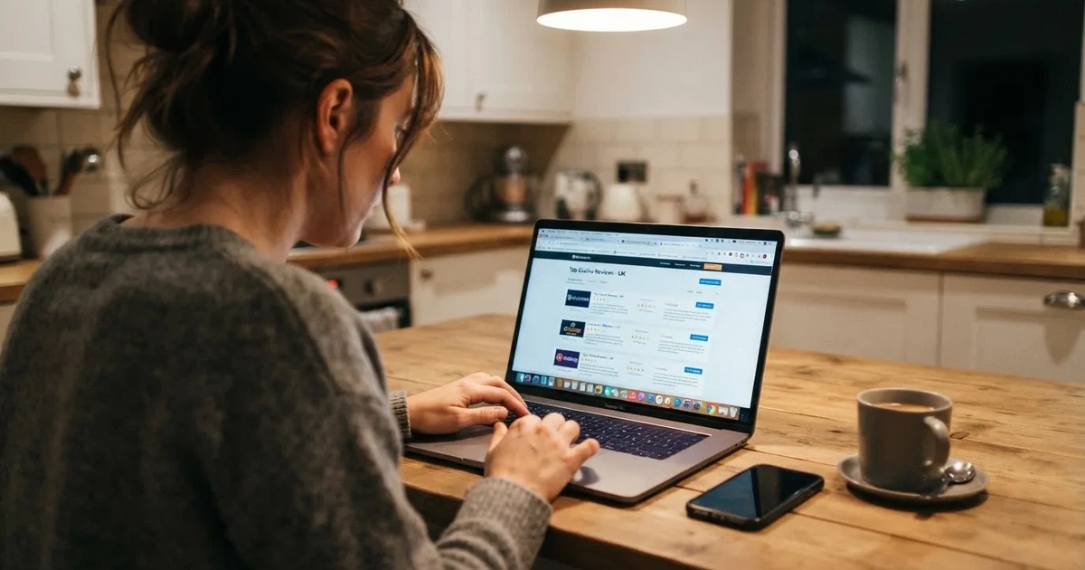 A person at a kitchen table scrolling through review pages on a laptop, phone face-down beside them.