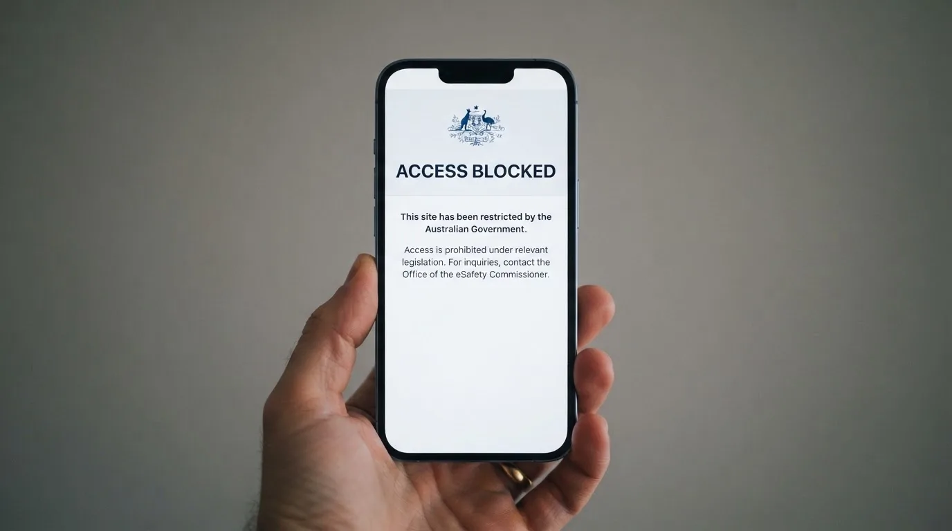 A smartphone screen showing a plain government warning notice about a blocked website, held against a blurred background.