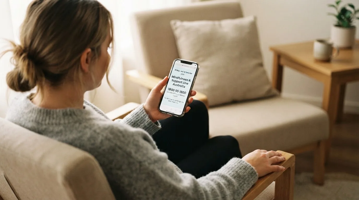 A person sitting calmly with a phone open to a support helpline page, no gaming screen visible.