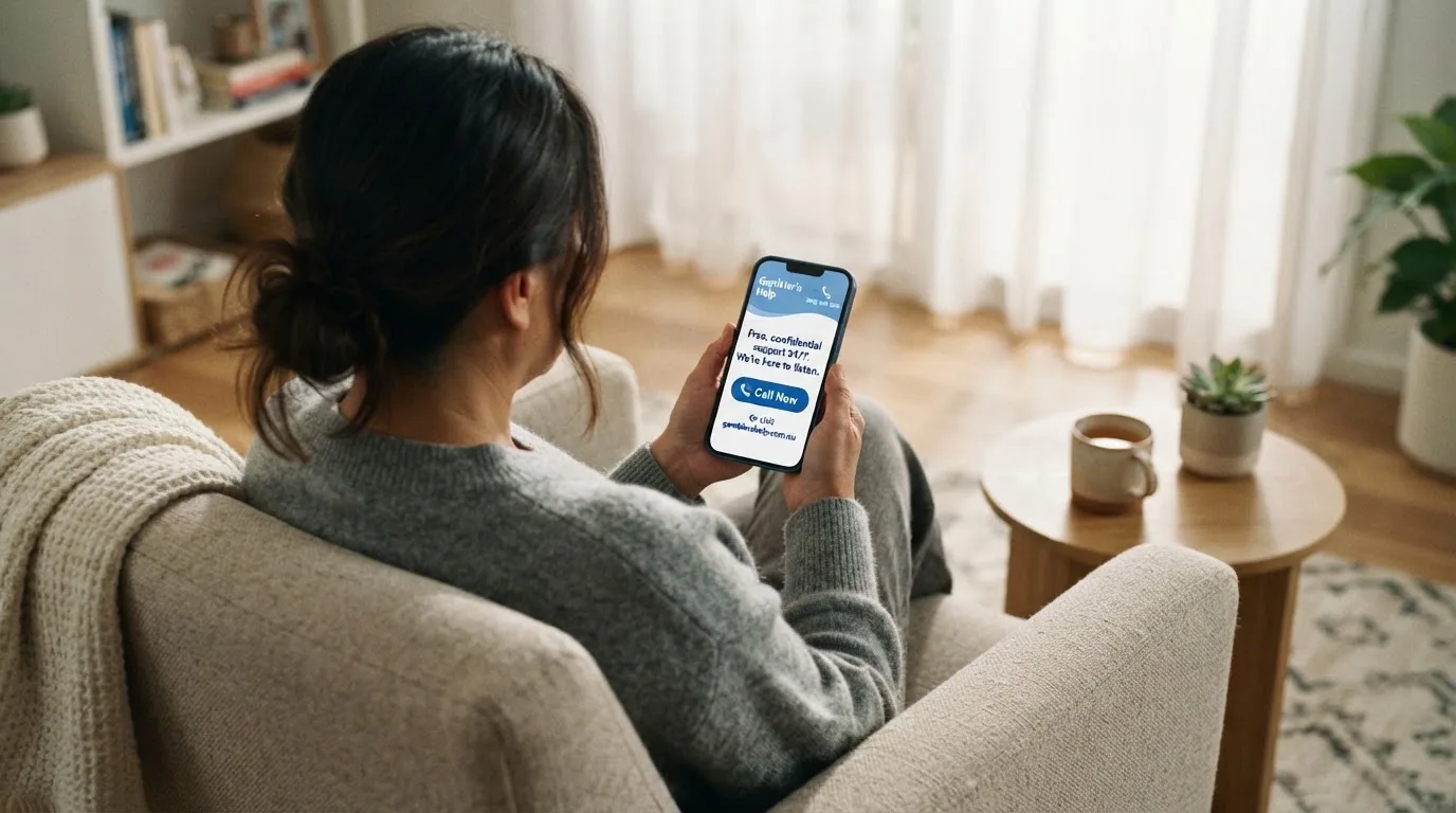 A person sitting calmly with a phone open to a support helpline page, no gaming screen visible.