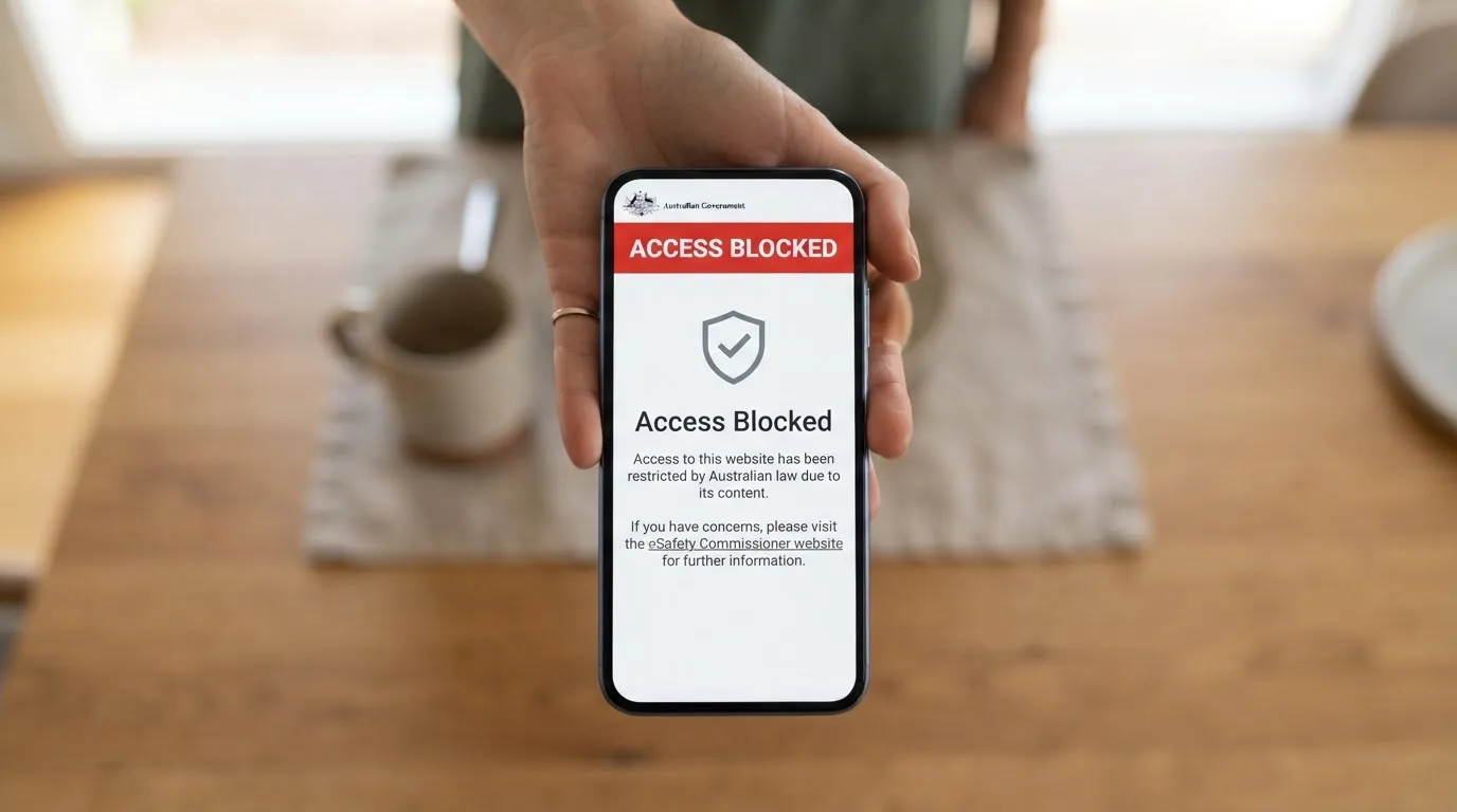 A smartphone screen showing a plain government warning notice about a blocked website, held against a blurred background.
