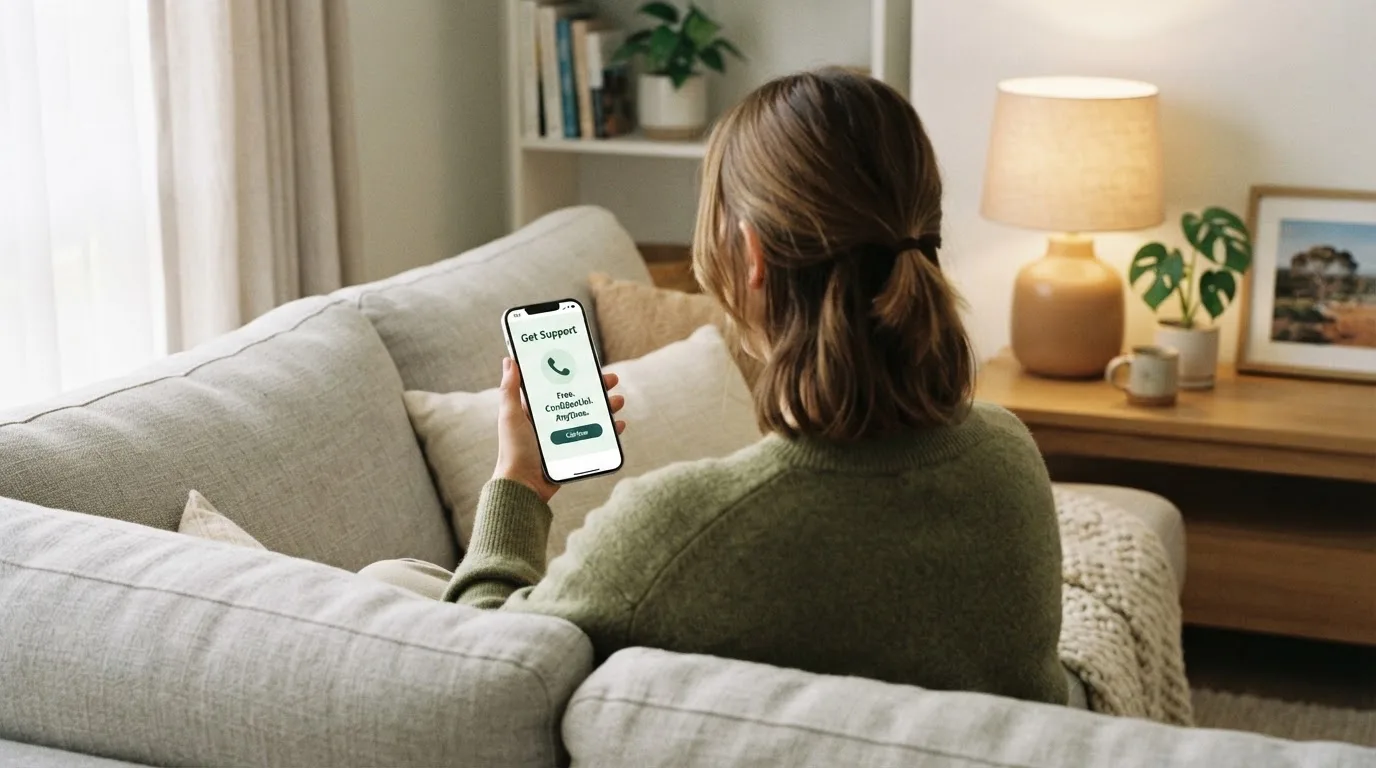 A person sitting calmly with a phone open to a support helpline page, no gaming screen visible.