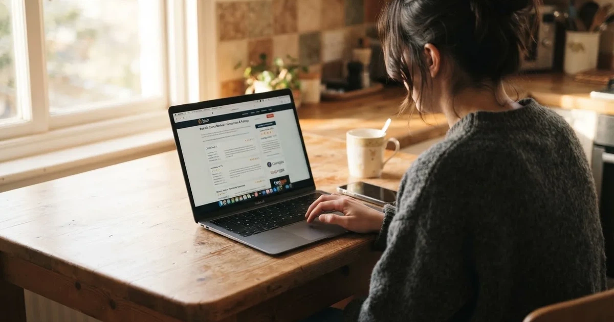 A person at a kitchen table scrolling through review pages on a laptop, phone face-down beside them.