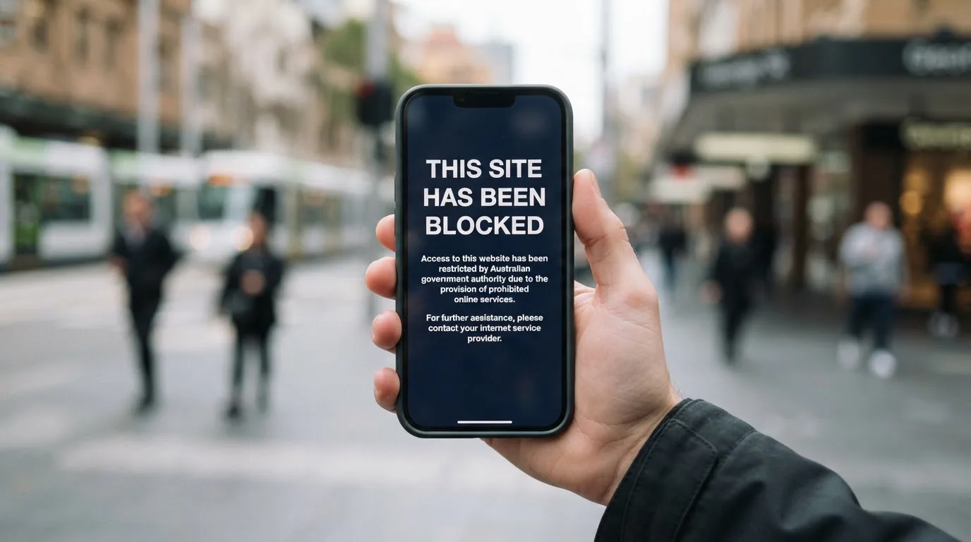 A smartphone screen showing a plain government warning notice about a blocked website, held against a blurred background.