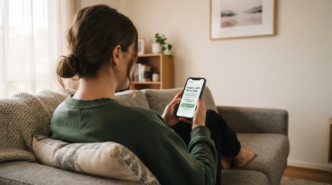 A person sitting calmly with a phone open to a support helpline page, no gaming screen visible.