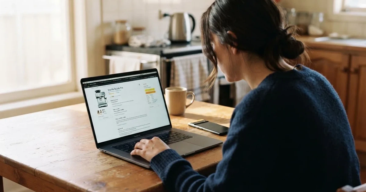 A person at a kitchen table scrolling through review pages on a laptop, phone face-down beside them.