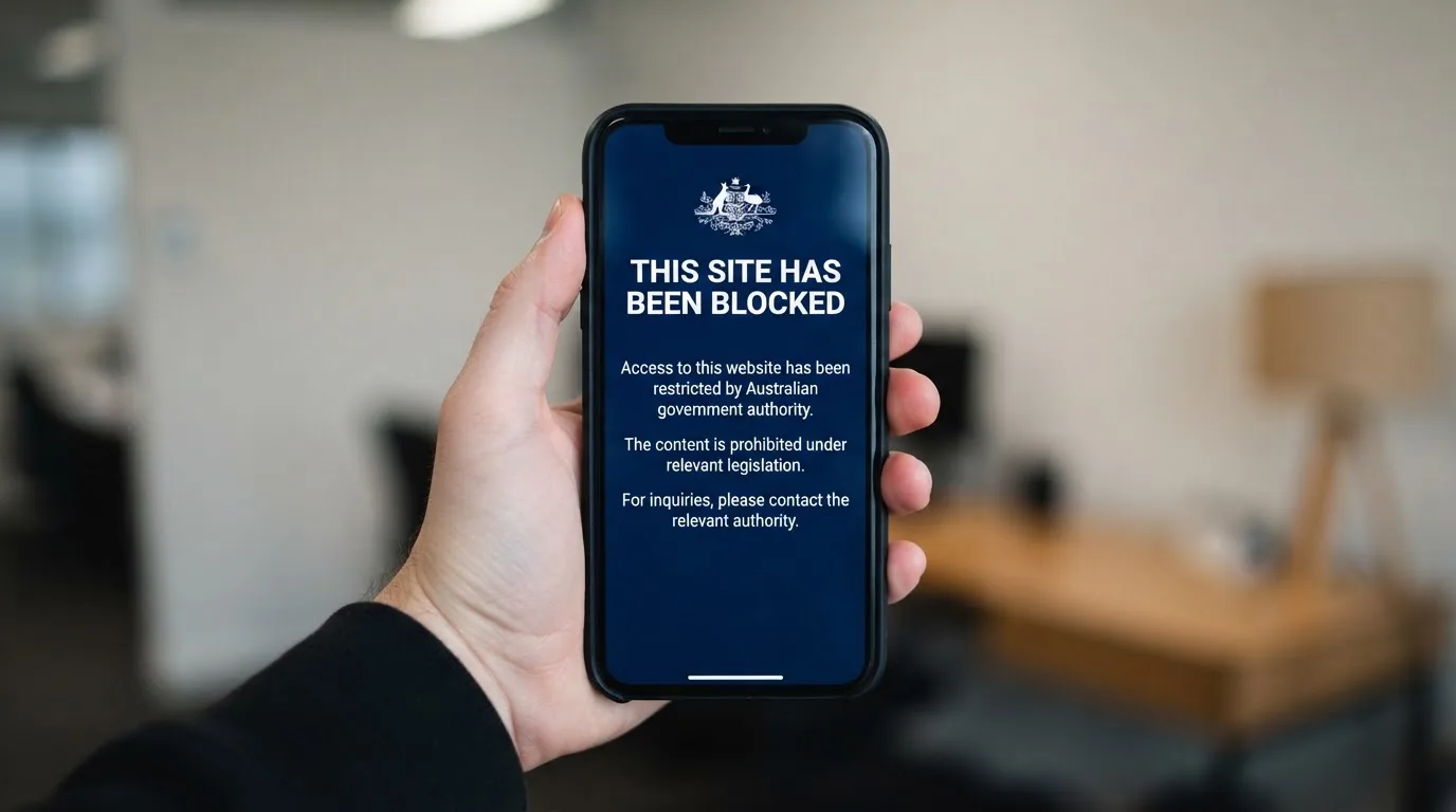 A smartphone screen showing a plain government warning notice about a blocked website, held against a blurred background.