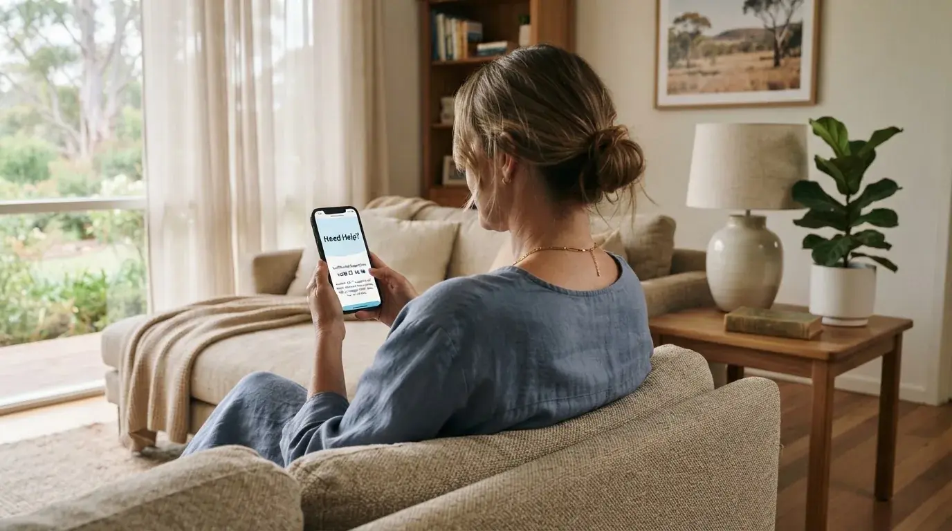 A person sitting calmly with a phone open to a support helpline page, no gaming screen visible.