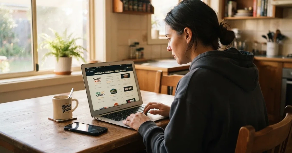A person at a kitchen table scrolling through review pages on a laptop, phone face-down beside them.