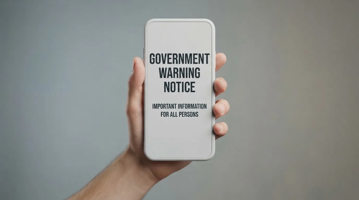 A smartphone screen showing a plain government warning notice about a blocked website, held against a blurred background.