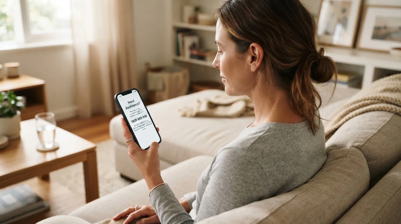 A person sitting calmly with a phone open to a support helpline page, no gaming screen visible.
