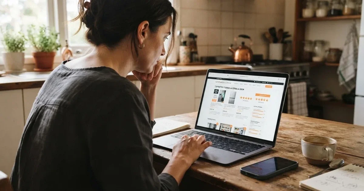A person at a kitchen table scrolling through review pages on a laptop, phone face-down beside them.