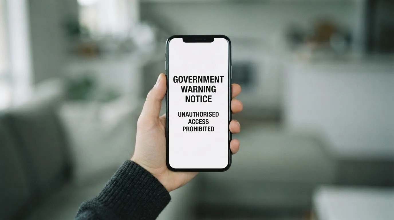 A smartphone screen showing a plain government warning notice about a blocked website, held against a blurred background.