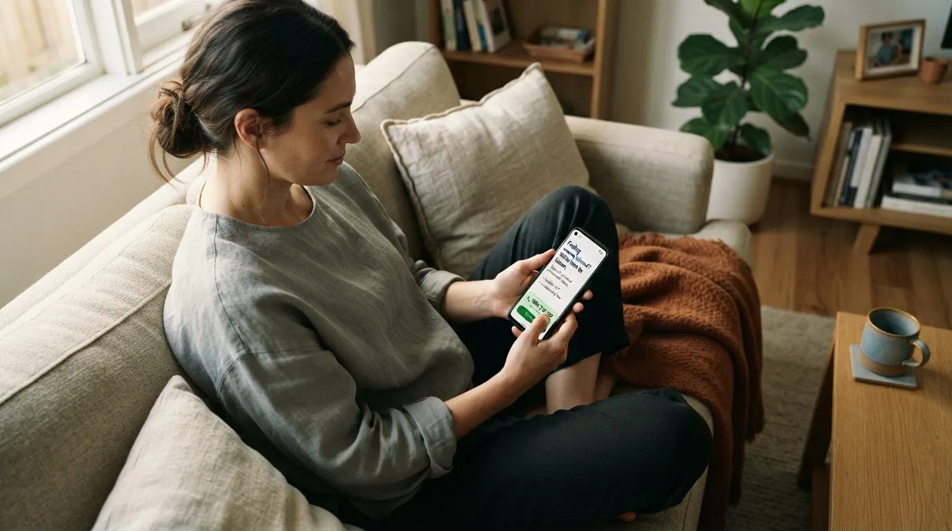 A person sitting calmly with a phone open to a support helpline page, no gaming screen visible.