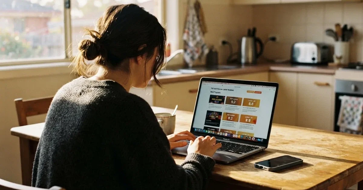 A person at a kitchen table scrolling through review pages on a laptop, phone face-down beside them.
