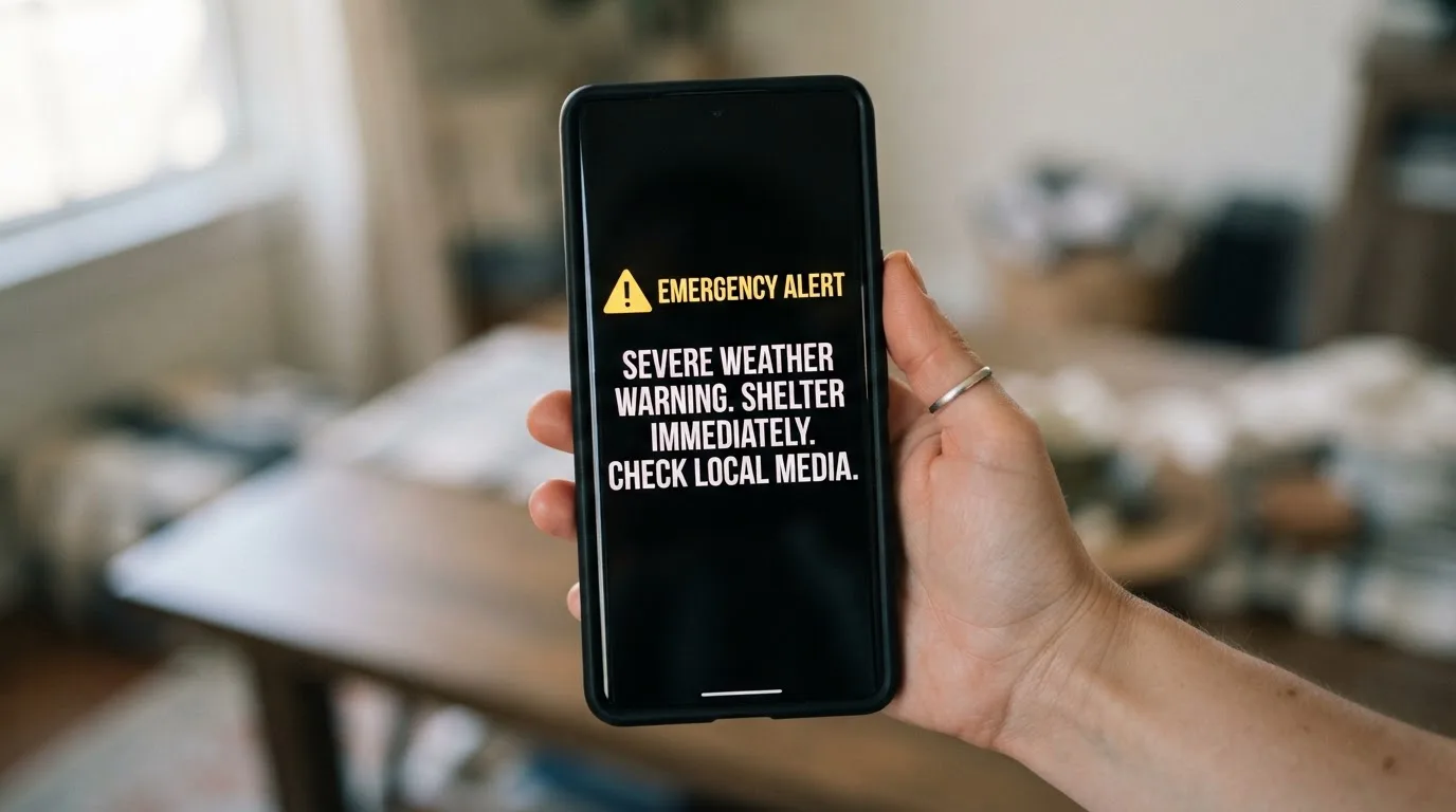 A smartphone screen showing a plain government warning notice about a blocked website, held against a blurred background.