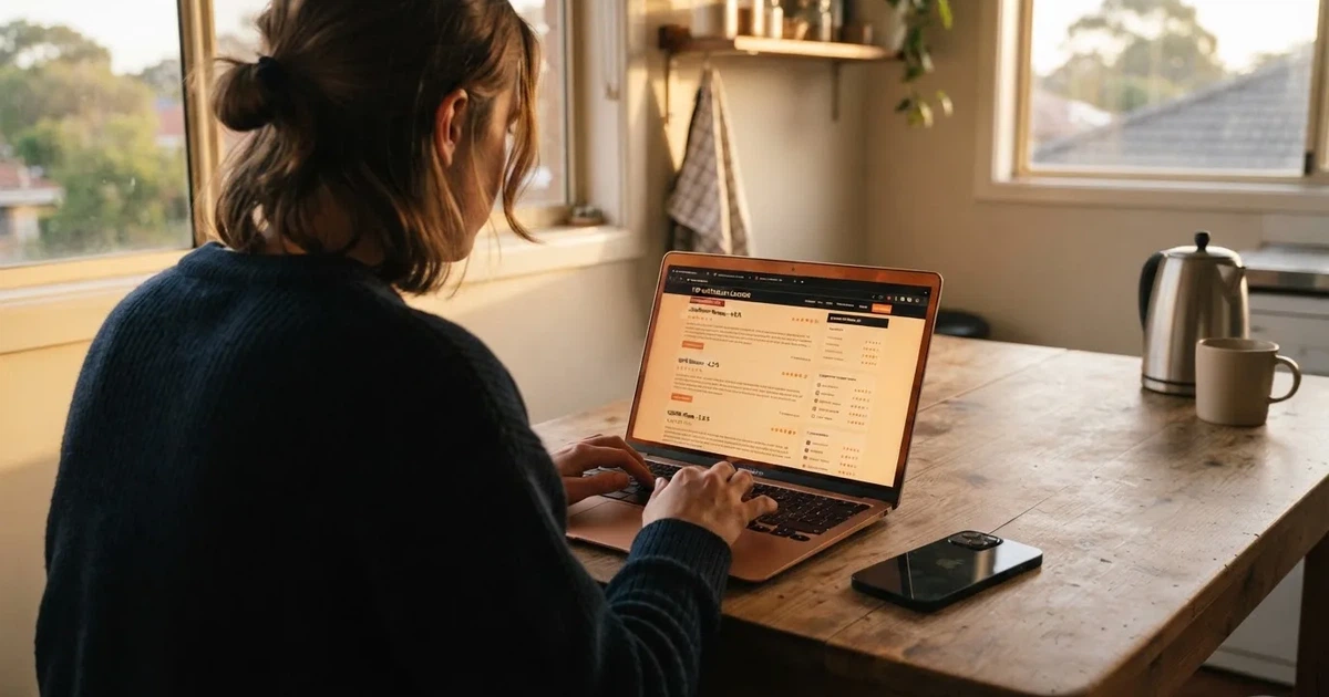 A person at a kitchen table scrolling through review pages on a laptop, phone face-down beside them.