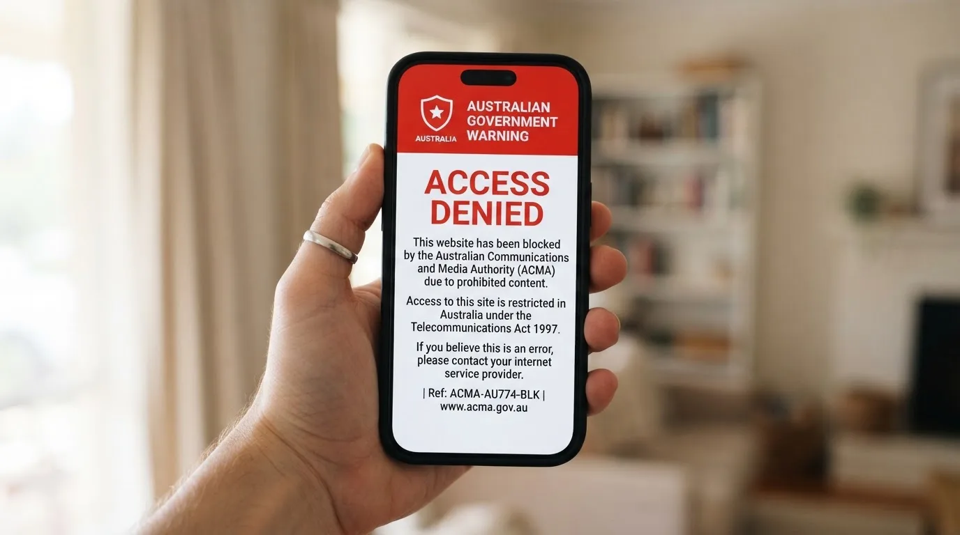 A smartphone screen showing a plain government warning notice about a blocked website, held against a blurred background.