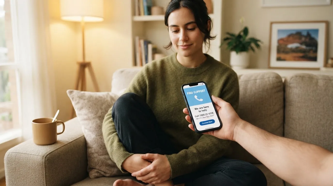 A person sitting calmly with a phone open to a support helpline page, no gaming screen visible.