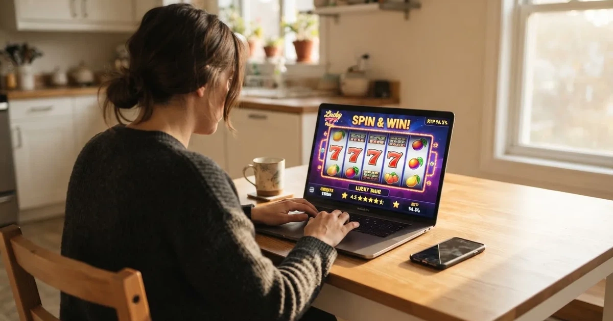 A person at a kitchen table scrolling through review pages on a laptop, phone face-down beside them.