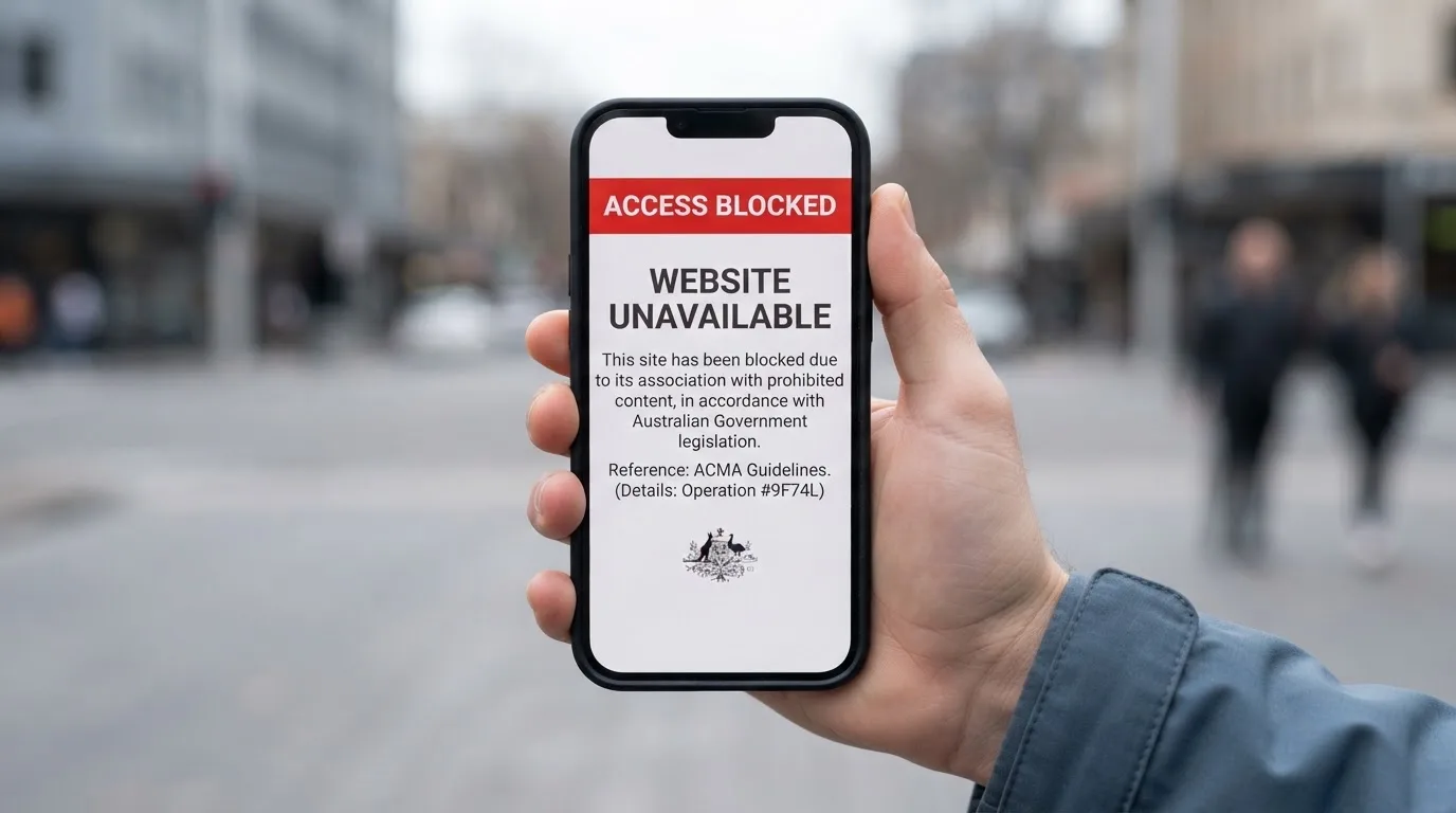 A smartphone screen showing a plain government warning notice about a blocked website, held against a blurred background.