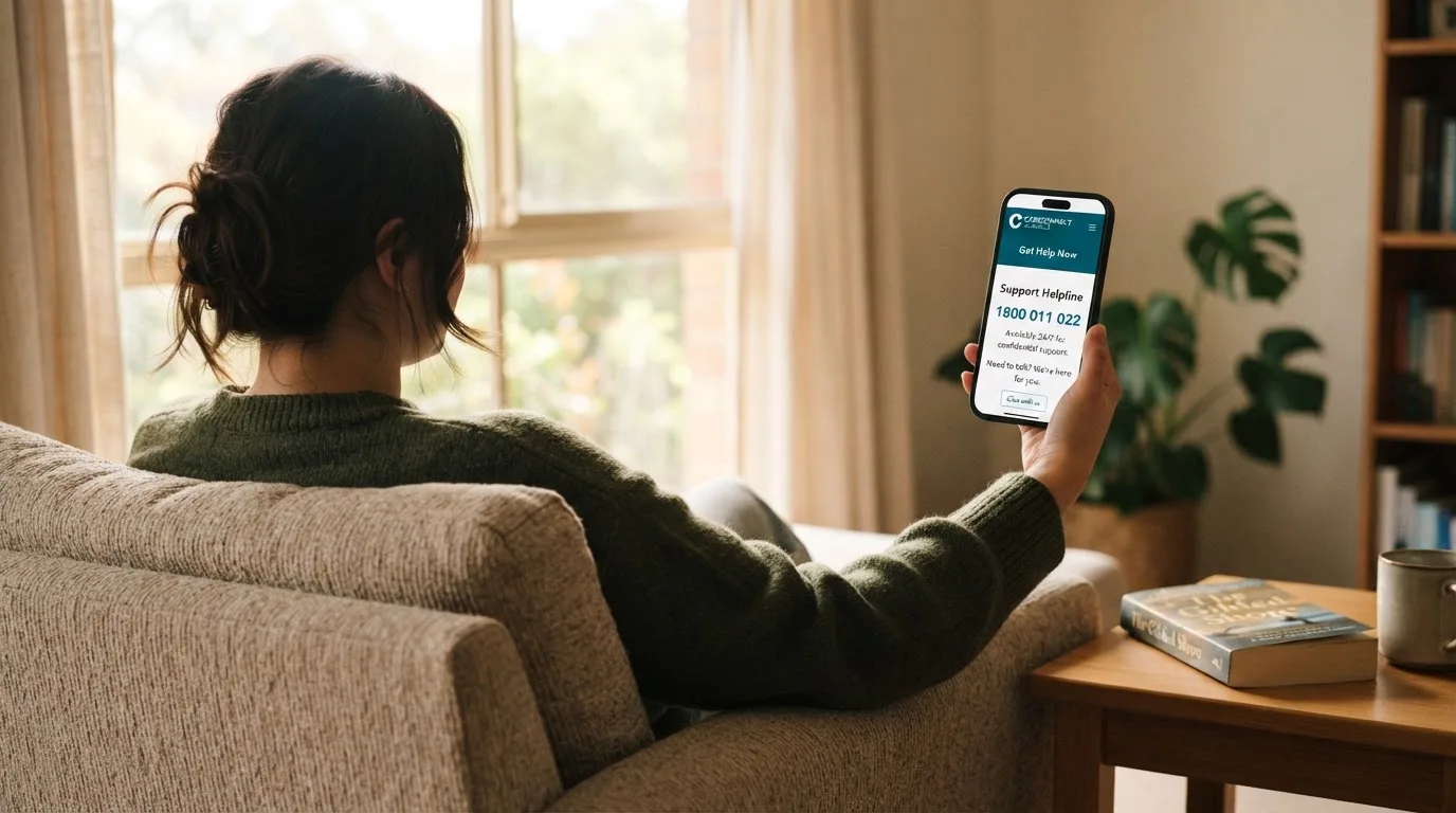 A person sitting calmly with a phone open to a support helpline page, no gaming screen visible.