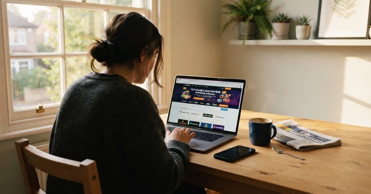 A person at a kitchen table scrolling through review pages on a laptop, phone face-down beside them.