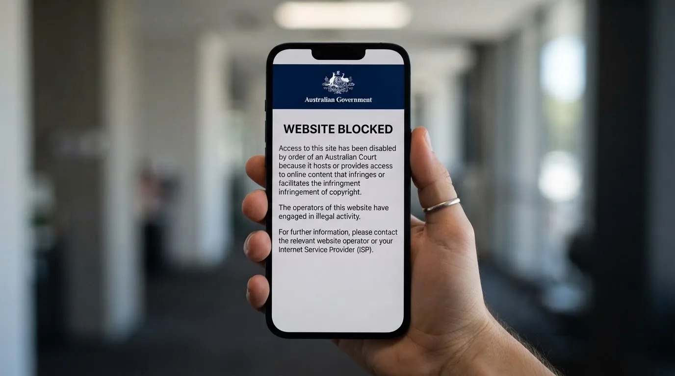 A smartphone screen showing a plain government warning notice about a blocked website, held against a blurred background.