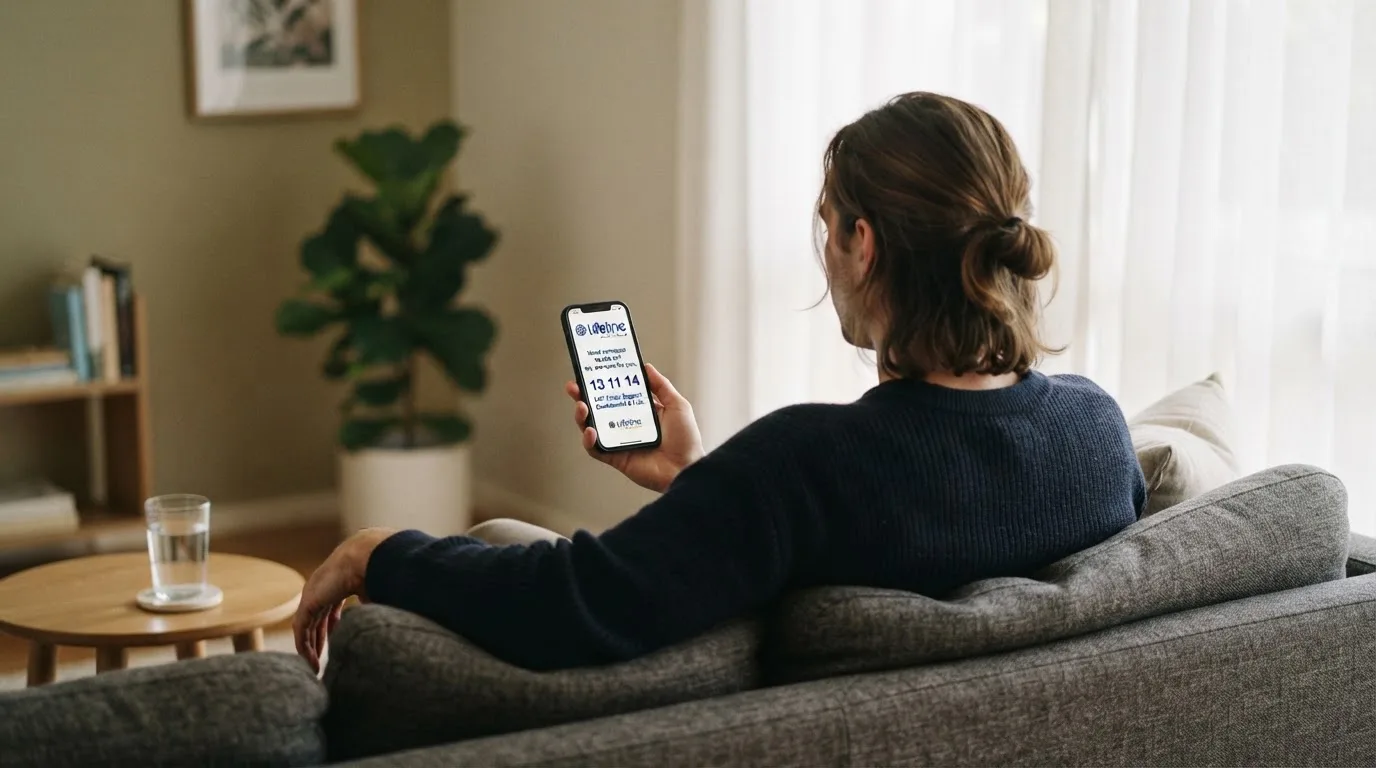 A person sitting calmly with a phone open to a support helpline page, no gaming screen visible.