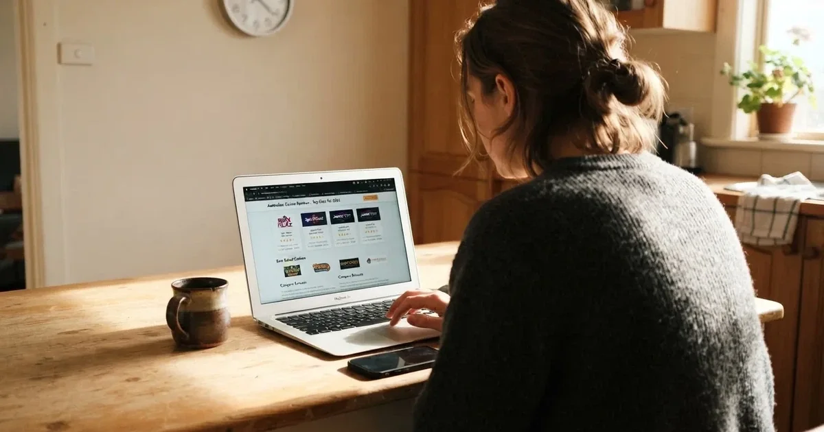 A person at a kitchen table scrolling through review pages on a laptop, phone face-down beside them.