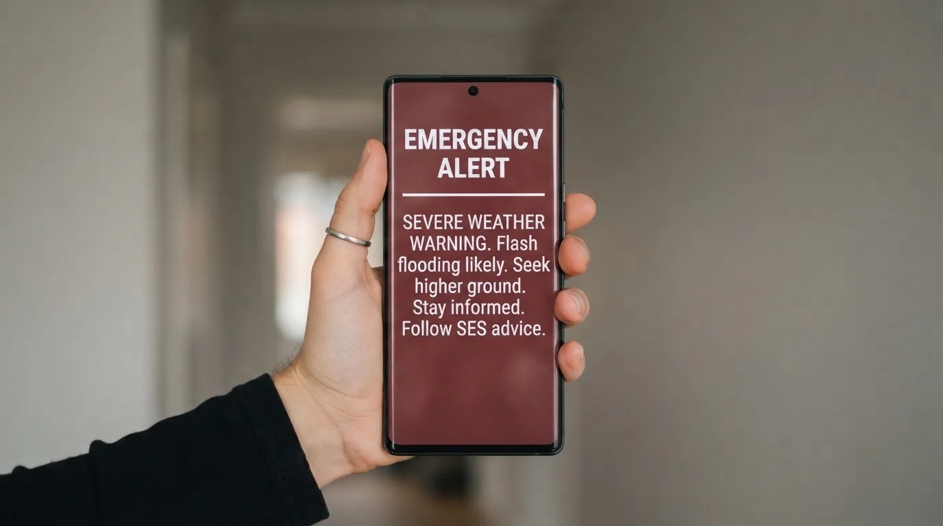 A smartphone screen showing a plain government warning notice about a blocked website, held against a blurred background.