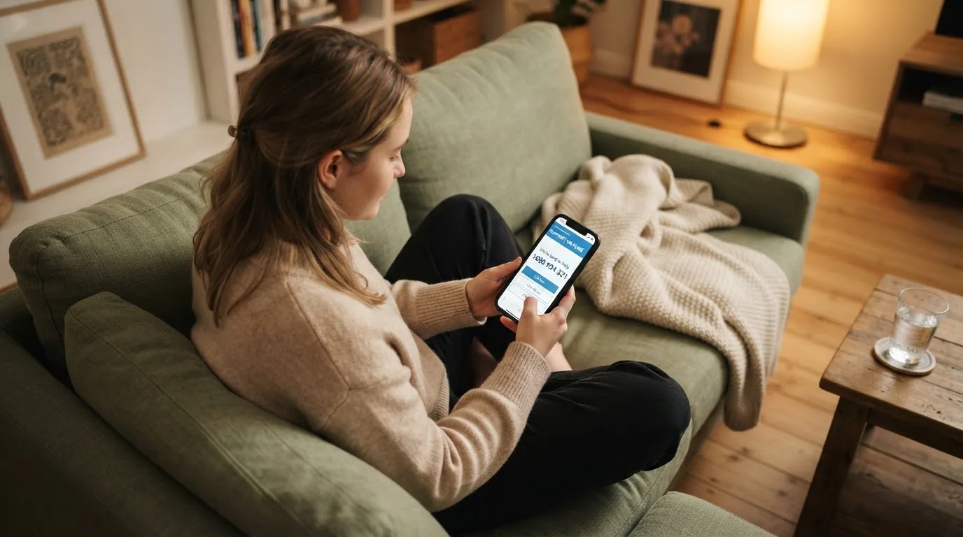 A person sitting calmly with a phone open to a support helpline page, no gaming screen visible.