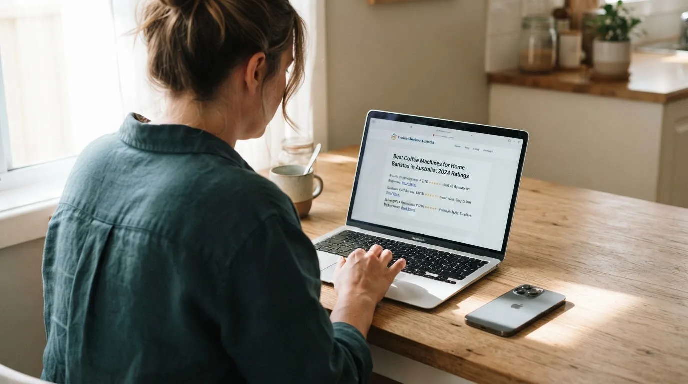 A person at a kitchen table scrolling through review pages on a laptop, phone face-down beside them.