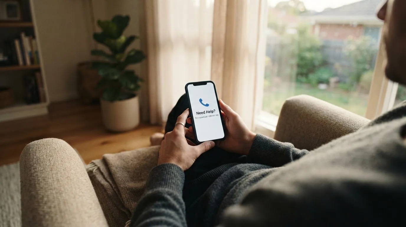 A person sitting calmly with a phone open to a support helpline page, no gaming screen visible.