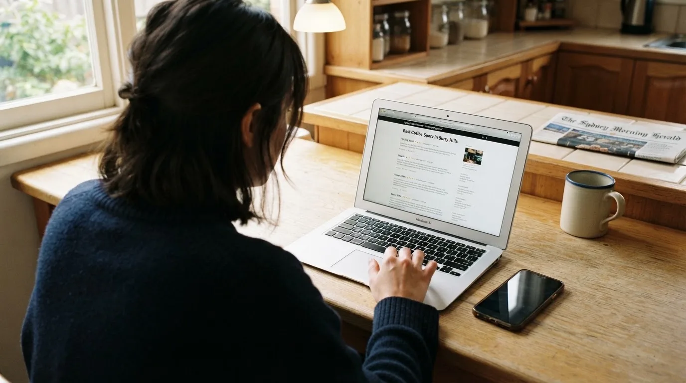 A person at a kitchen table scrolling through review pages on a laptop, phone face-down beside them.
