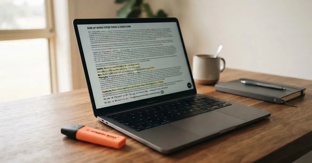 A laptop screen showing a page of terms and conditions text with a highlighter resting nearby.