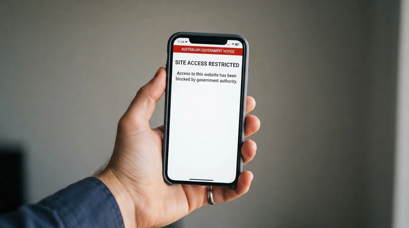 A smartphone screen showing a plain government warning notice about a blocked website, held against a blurred background.