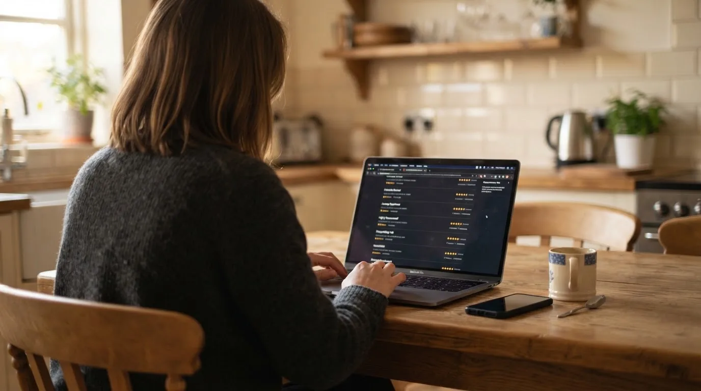 A person at a kitchen table scrolling through review pages on a laptop, phone face-down beside them.