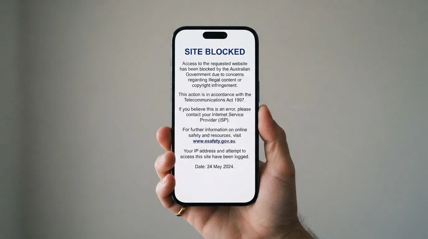 A smartphone screen showing a plain government warning notice about a blocked website, held against a blurred background.