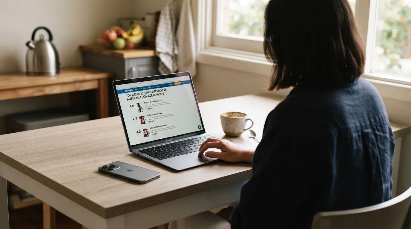 A person at a kitchen table scrolling through review pages on a laptop, phone face-down beside them.