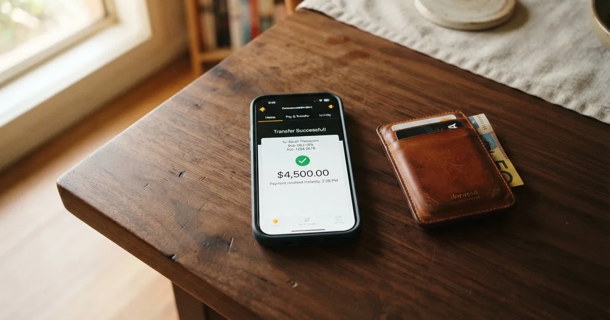 A phone screen showing a bank transfer confirmation, held next to a wallet on a table.