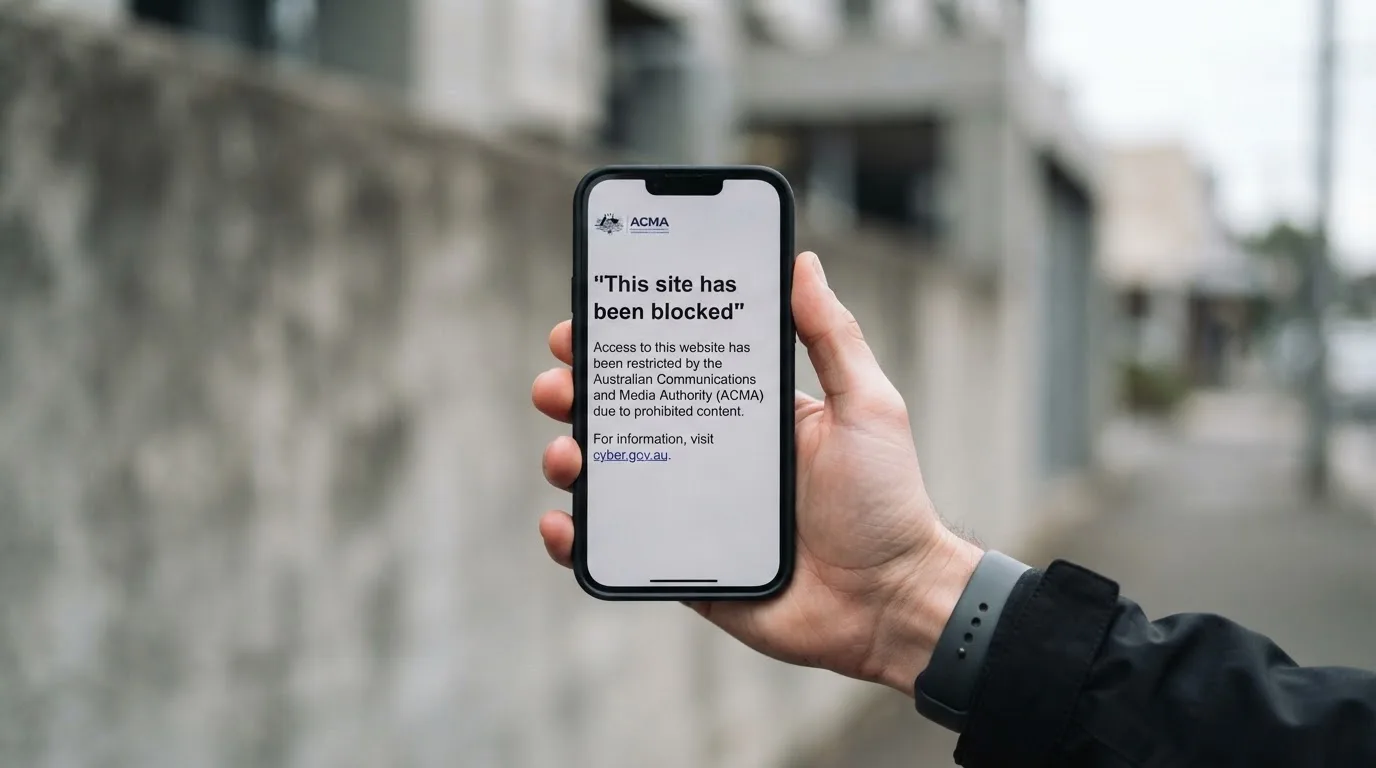 A smartphone screen showing a plain government warning notice about a blocked website, held against a blurred background.