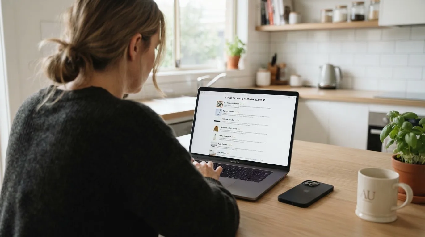 A person at a kitchen table scrolling through review pages on a laptop, phone face-down beside them.