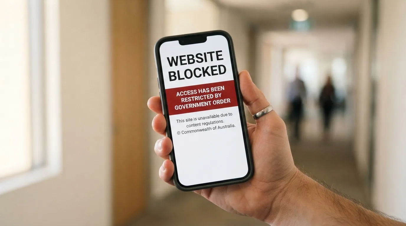 A smartphone screen showing a plain government warning notice about a blocked website, held against a blurred background.
